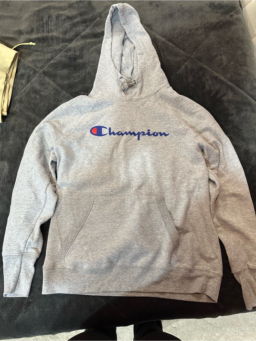 Champion Gray Hooded Logo Sweatshirt with Blue & Red Accent